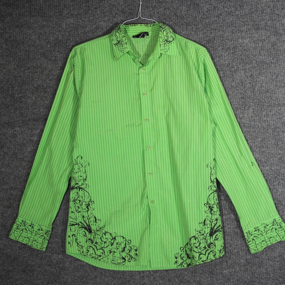 Affliction Type Shirt Mens Large Green Striped Grunge Goth Tribal Y2K‎ Skater